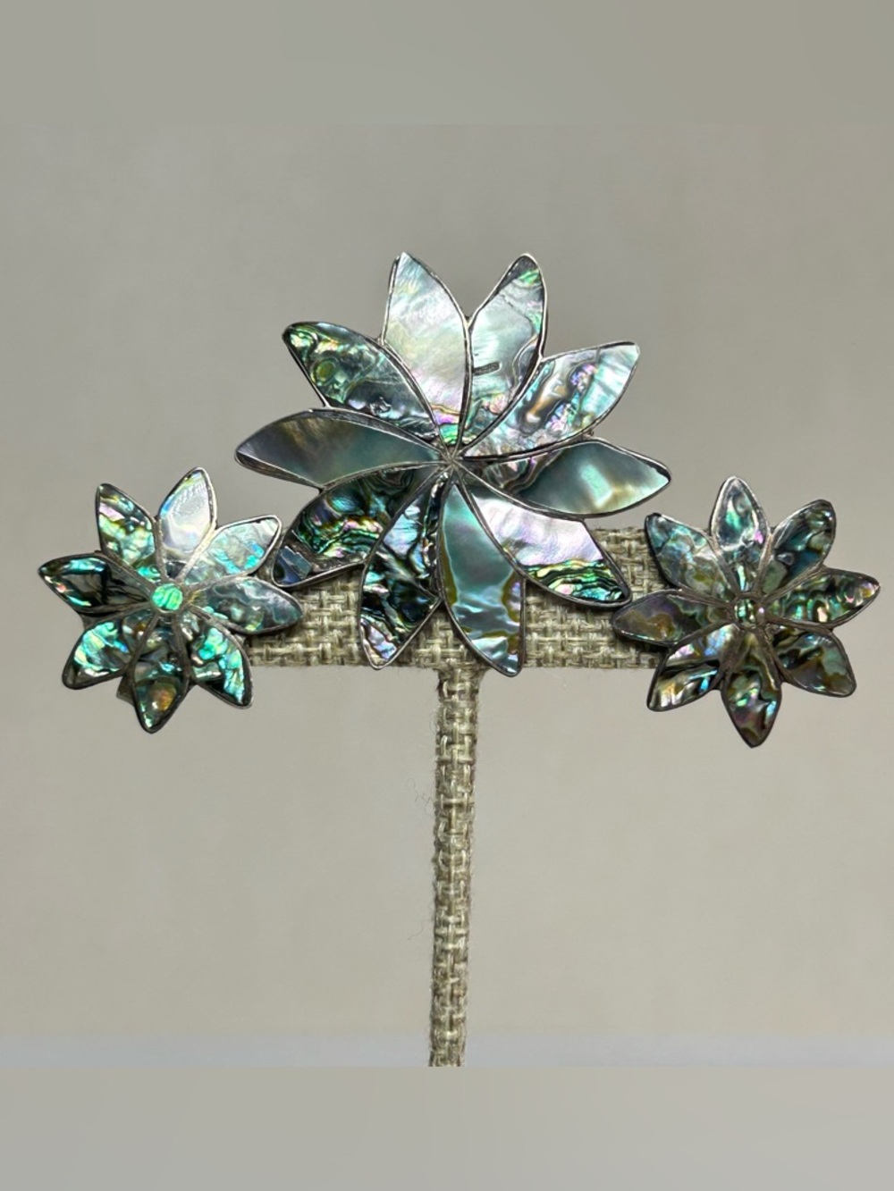Vintage Sterling Silver Taxco Mexico Abalone Flower Pendant Brooch Earrings Set